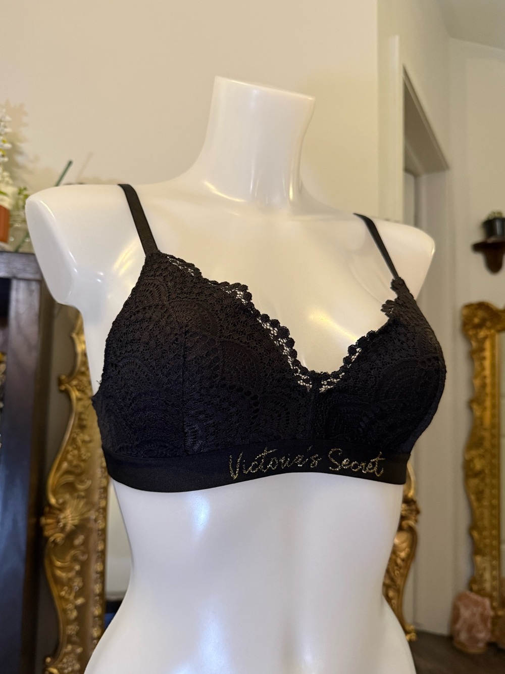 Victoria's Secret Black Lace Bralette with Gold Script Band